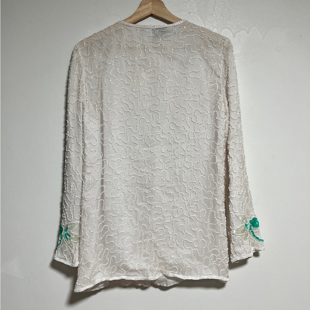 Vintage Cervelle White Beaded Floral Jacket – 100% Silk, Made in India, Small - Picture 10 of 13
